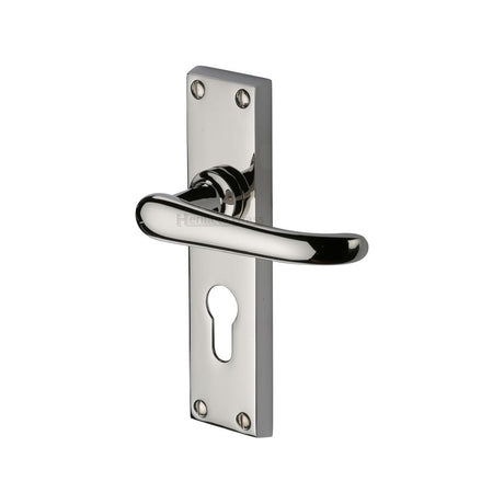 This is an image of a Heritage Brass - Door Handle for Euro Profile Plate Windsor Design Polished Nickel F, v727-48-pnf that is available to order from T.H Wiggans Ironmongery in Kendal.