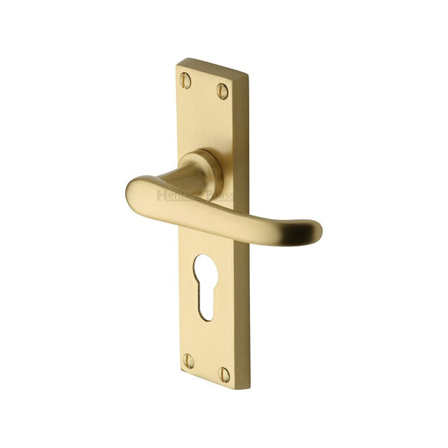 This is an image of a Heritage Brass - Door Handle for Euro Profile Plate Windsor Design Satin Brass Fi, v727-48-sb that is available to order from T.H Wiggans Ironmongery in Kendal.