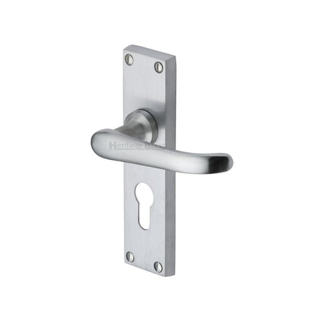 This is an image of a Heritage Brass - Door Handle for Euro Profile Plate Windsor Design Satin Chrome F, v727-48-sc that is available to order from T.H Wiggans Ironmongery in Kendal.