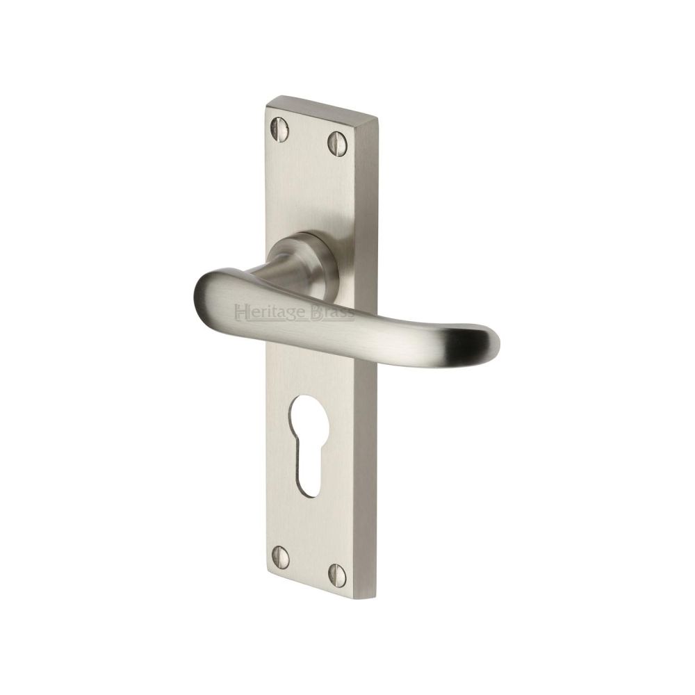 This is an image of a Heritage Brass - Door Handle for Euro Profile Plate Windsor Design Satin Nickel F, v727-48-sn that is available to order from T.H Wiggans Ironmongery in Kendal.