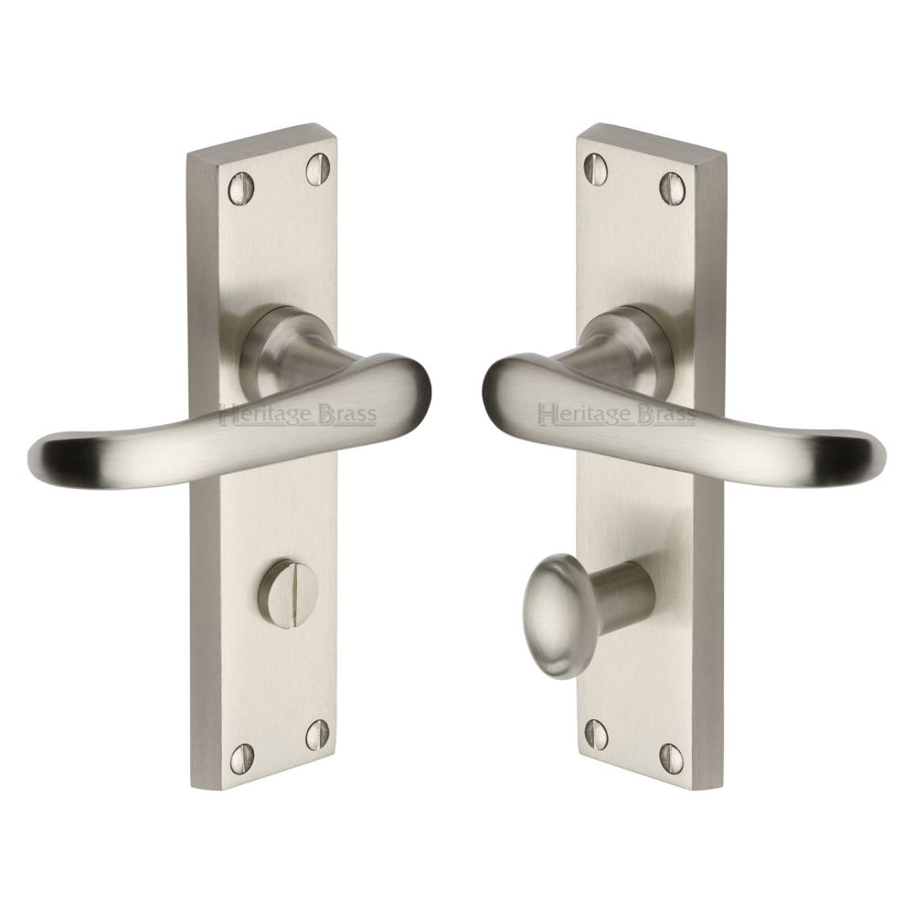 This is an image of a Heritage Brass - Door Handle for Bathroom Windsor Design Satin Nickel Finish, v730-sn that is available to order from T.H Wiggans Ironmongery in Kendal.