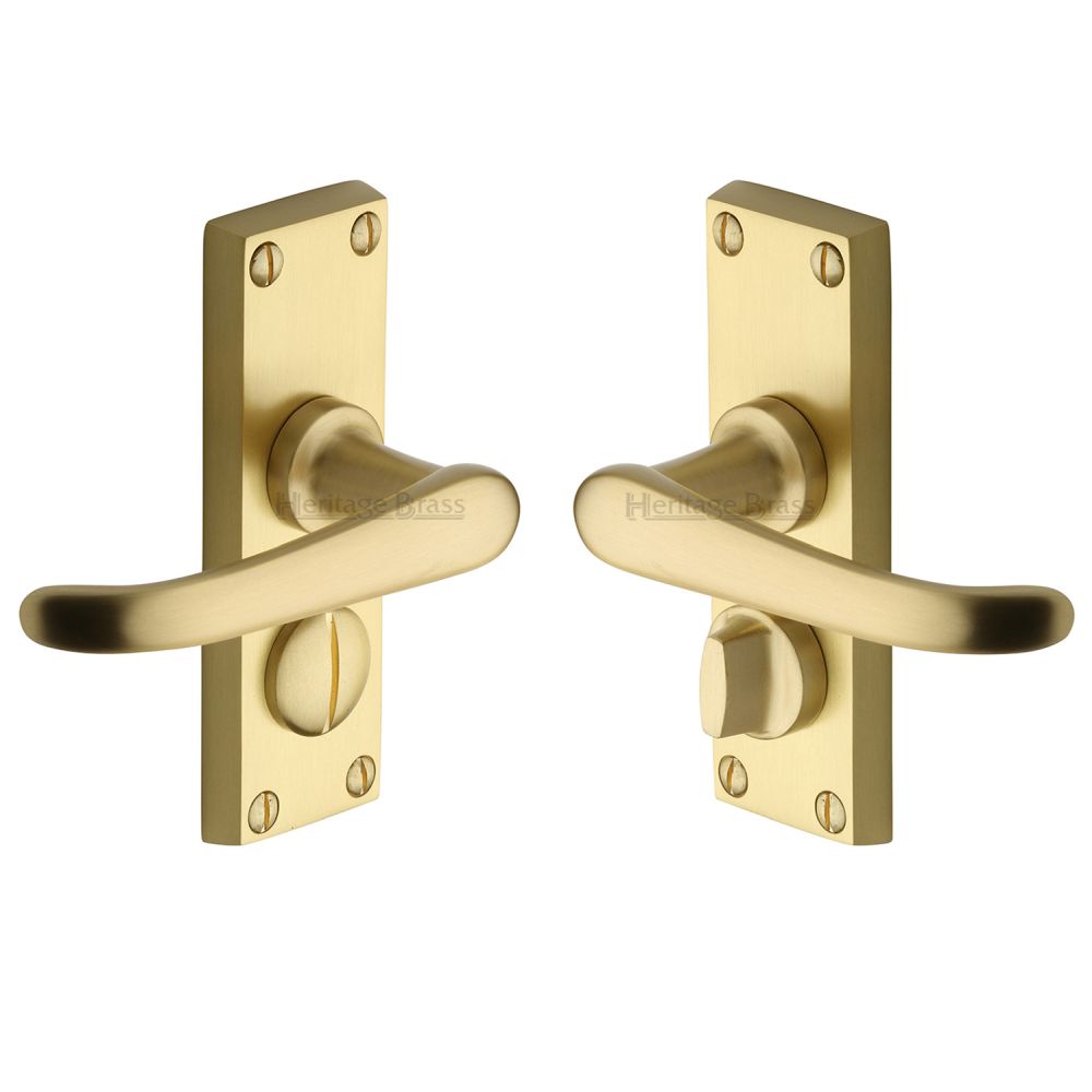 This is an image of a Heritage Brass - Door Handle for Privacy Set Windsor Short Design Satin Brass Fin, v735-sb that is available to order from T.H Wiggans Ironmongery in Kendal.