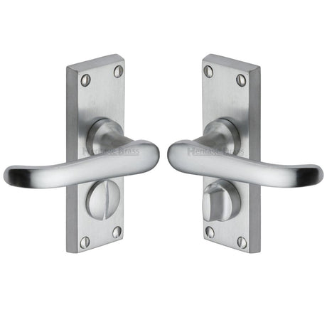This is an image of a Heritage Brass - Door Handle for Privacy Set Windsor Short Design Satin Chrome Fi, v735-sc that is available to order from T.H Wiggans Ironmongery in Kendal.