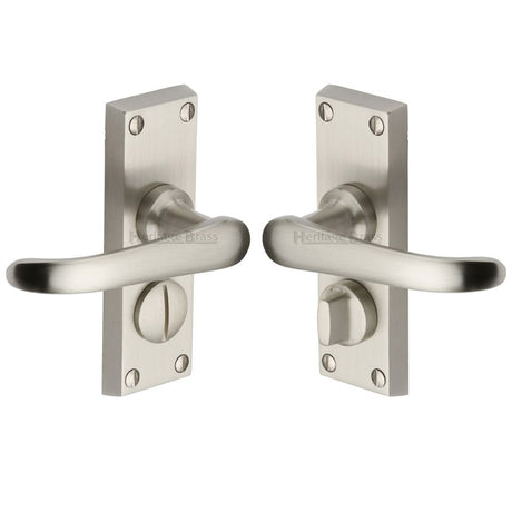 This is an image of a Heritage Brass - Door Handle for Privacy Set Windsor Short Design Satin Nickel Fi, v735-sn that is available to order from T.H Wiggans Ironmongery in Kendal.
