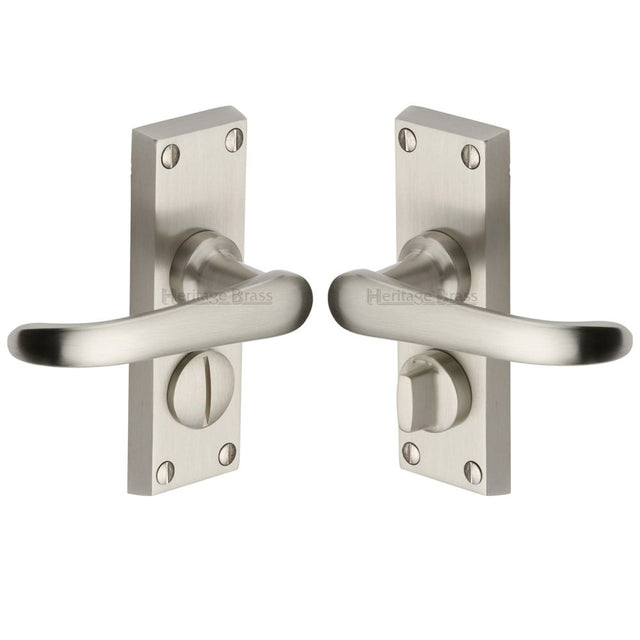 This is an image of a Heritage Brass - Door Handle for Privacy Set Windsor Short Design Satin Nickel Fi, v735-sn that is available to order from T.H Wiggans Ironmongery in Kendal.