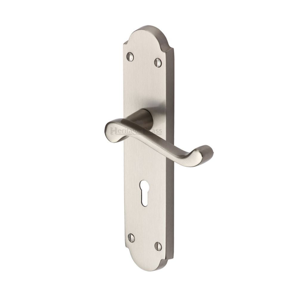 This is an image of a Heritage Brass - Door Handle Lever Lock Savoy Long Design Satin Chrome Finish, v750-sc that is available to order from T.H Wiggans Ironmongery in Kendal.
