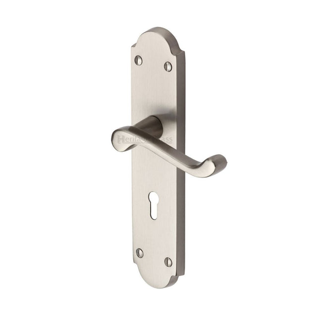 This is an image of a Heritage Brass - Door Handle Lever Lock Savoy Long Design Satin Chrome Finish, v750-sc that is available to order from T.H Wiggans Ironmongery in Kendal.