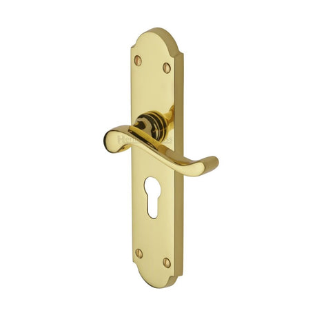This is an image of a Heritage Brass - Door Handle for Euro Profile Plate Savoy Long Design Polished Brass, v757-48-pb that is available to order from T.H Wiggans Ironmongery in Kendal.