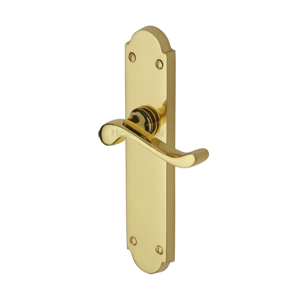 This is an image of a Heritage Brass - Door Handle Lever Latch Savoy Long Design Polished Brass Finish, v760-pb that is available to order from T.H Wiggans Ironmongery in Kendal.