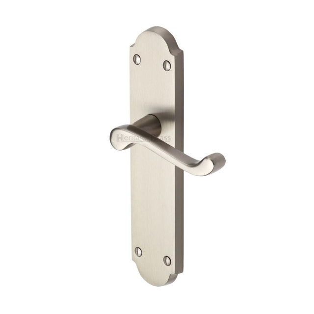 This is an image of a Heritage Brass - Door Handle Lever Latch Savoy Long Design Satin Chrome Finish, v760-sc that is available to order from T.H Wiggans Ironmongery in Kendal.