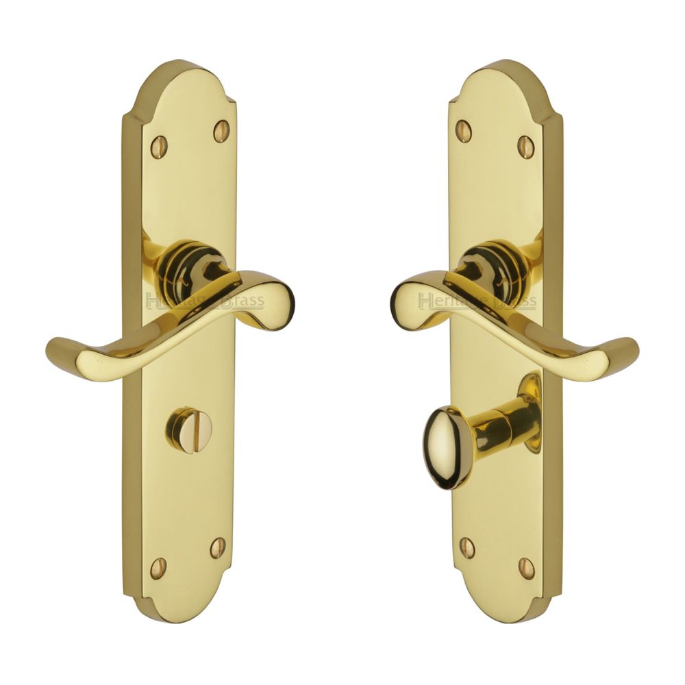 This is an image of a Heritage Brass - Door Handle for Bathroom Savoy Long Design Polished Brass Finish, v765-pb that is available to order from T.H Wiggans Ironmongery in Kendal.