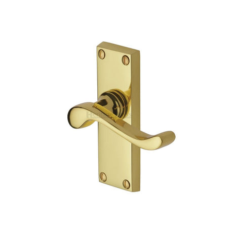 This is an image of a Heritage Brass - Door Handle Lever Latch Bedford Short Design Polished Brass Finish, v800-pb that is available to order from T.H Wiggans Ironmongery in Kendal.