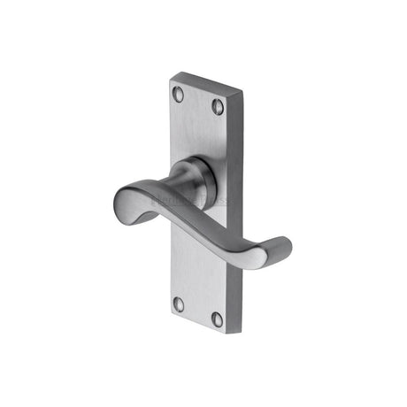 This is an image of a Heritage Brass - Door Handle Lever Latch Bedford Short Design Satin Chrome Finish, v800-sc that is available to order from T.H Wiggans Ironmongery in Kendal.