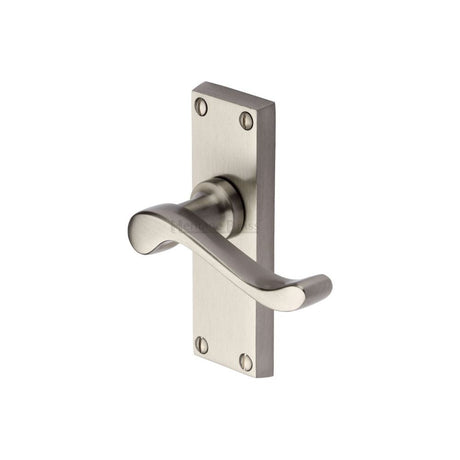 This is an image of a Heritage Brass - Door Handle Lever Latch Bedford Short Design Satin Nickel Finish, v800-sn that is available to order from T.H Wiggans Ironmongery in Kendal.