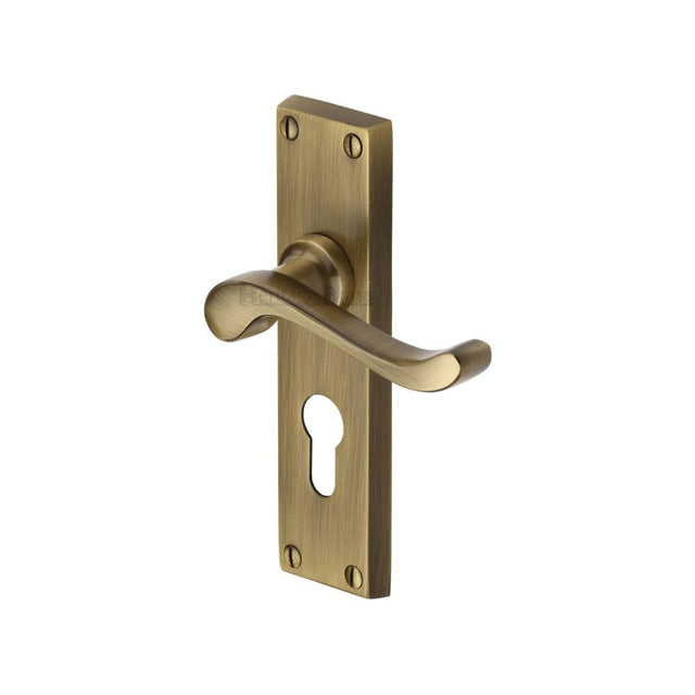 This is an image of a Heritage Brass - Door Handle for Euro Profile Plate Bedford Design Antique Brass Fi, v807-48-at that is available to order from T.H Wiggans Ironmongery in Kendal.