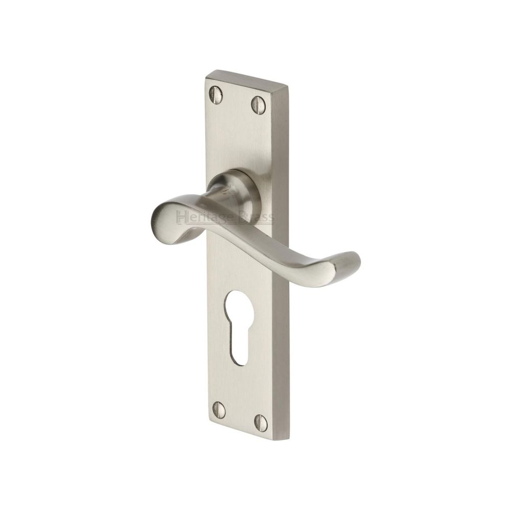 This is an image of a Heritage Brass - Door Handle for Euro Profile Plate Bedford Design Satin Nickel F, v807-48-sn that is available to order from T.H Wiggans Ironmongery in Kendal.