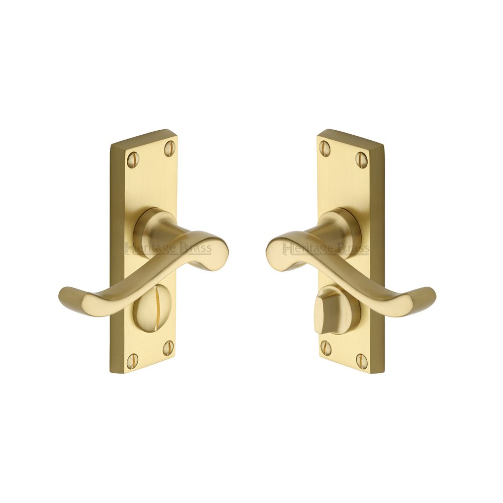 This is an image of a Heritage Brass - Door Handle for Privacy Set Bedford Short Design Satin Brass Fin, v825-sb that is available to order from T.H Wiggans Ironmongery in Kendal.
