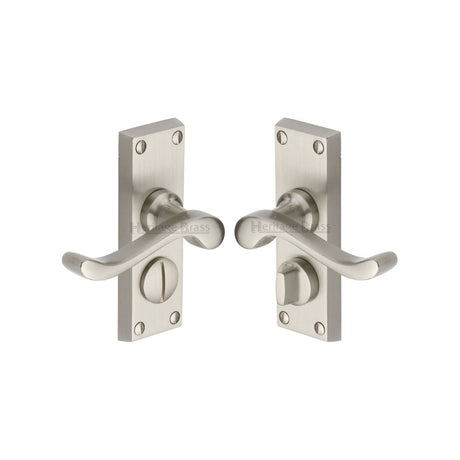 This is an image of a Heritage Brass - Door Handle for Privacy Set Bedford Short Design Satin Nickel Fi, v825-sn that is available to order from T.H Wiggans Ironmongery in Kendal.