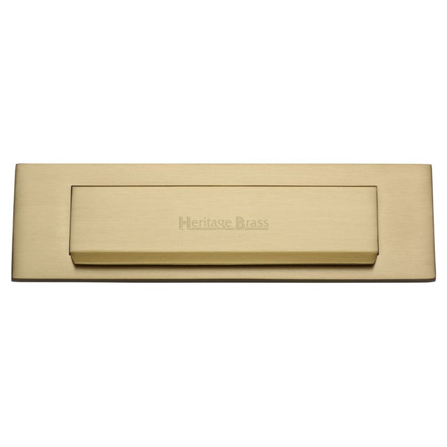 This is an image of a Heritage Brass - Gravity Letterplate 280 x 80mm - Satin Brass Finish, v842-sb that is available to order from T.H Wiggans Ironmongery in Kendal.
