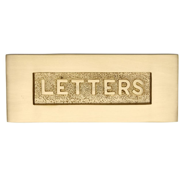 This is an image of a Heritage Brass - Embossed Letterplate 254 x 101mm - Satin Brass Finish, v845-sb that is available to order from T.H Wiggans Ironmongery in Kendal.