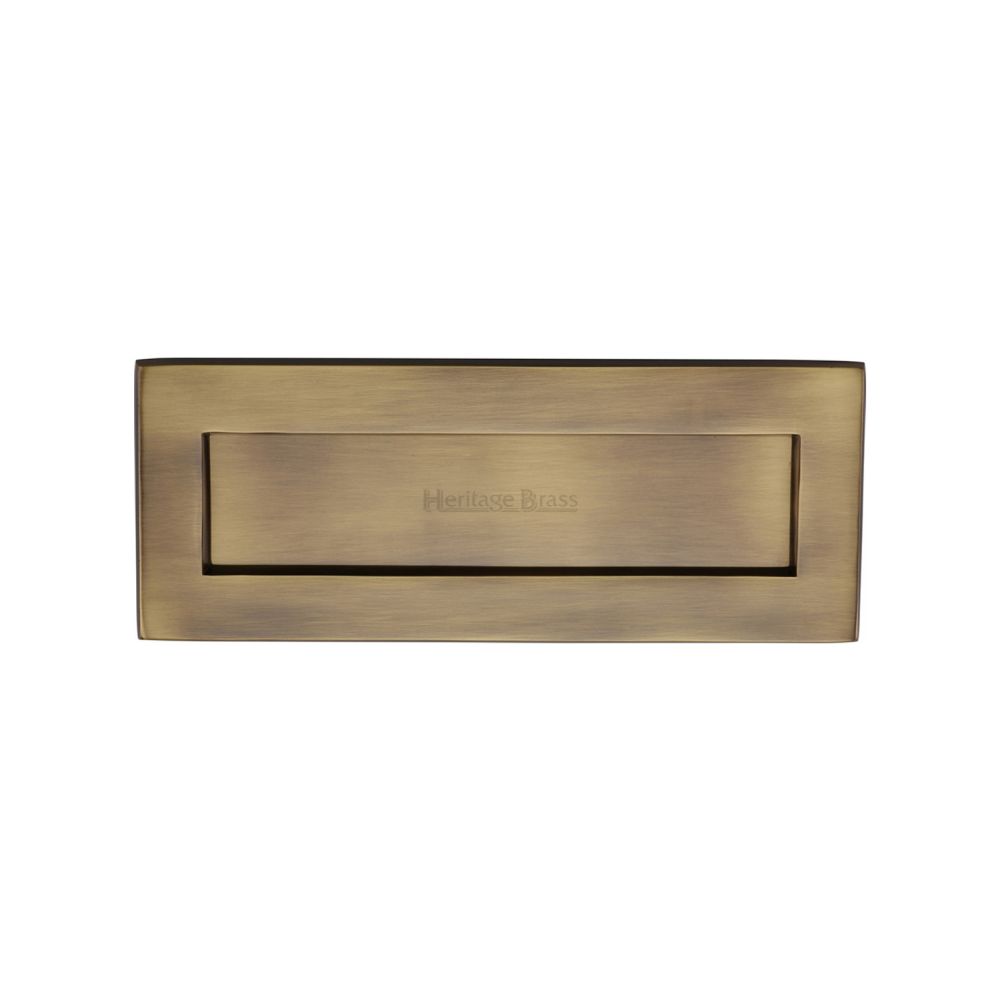 This is an image of a Heritage Brass - Letterplate 10" x 4" Antique Brass Finish, v850-254-101-at that is available to order from T.H Wiggans Ironmongery in Kendal.