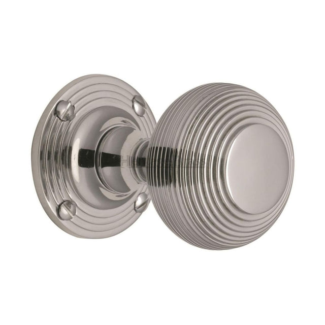 This is an image of a Heritage Brass - Mortice Knob on Rose Reeded Design Polished Chrome Finish, v971-pc that is available to order from T.H Wiggans Ironmongery in Kendal.
