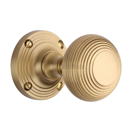 This is an image of a Heritage Brass - Mortice Knob on Rose Reeded Design Satin Brass Finish, v971-sb that is available to order from T.H Wiggans Ironmongery in Kendal.