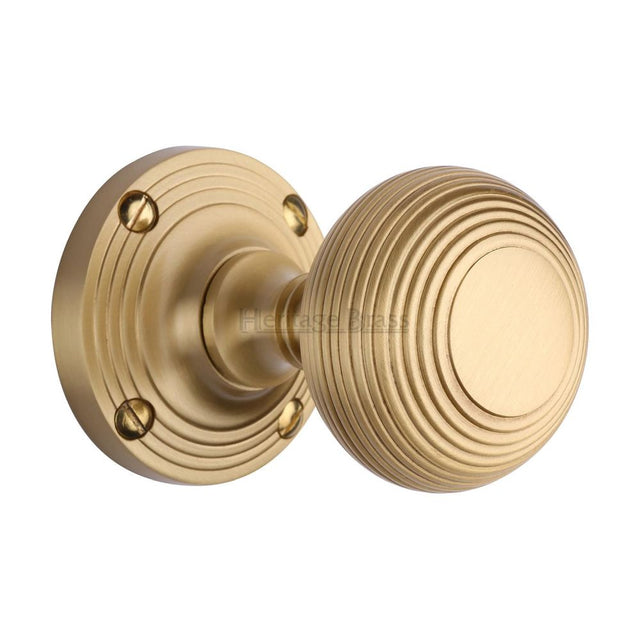 This is an image of a Heritage Brass - Mortice Knob on Rose Reeded Design Satin Brass Finish, v971-sb that is available to order from T.H Wiggans Ironmongery in Kendal.