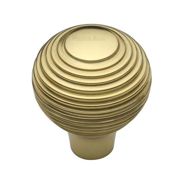 This is an image of a Heritage Brass - Cabinet Knob Reeded Design 38mm Polished Brass Finish, v974-38-pb that is available to order from T.H Wiggans Ironmongery in Kendal.