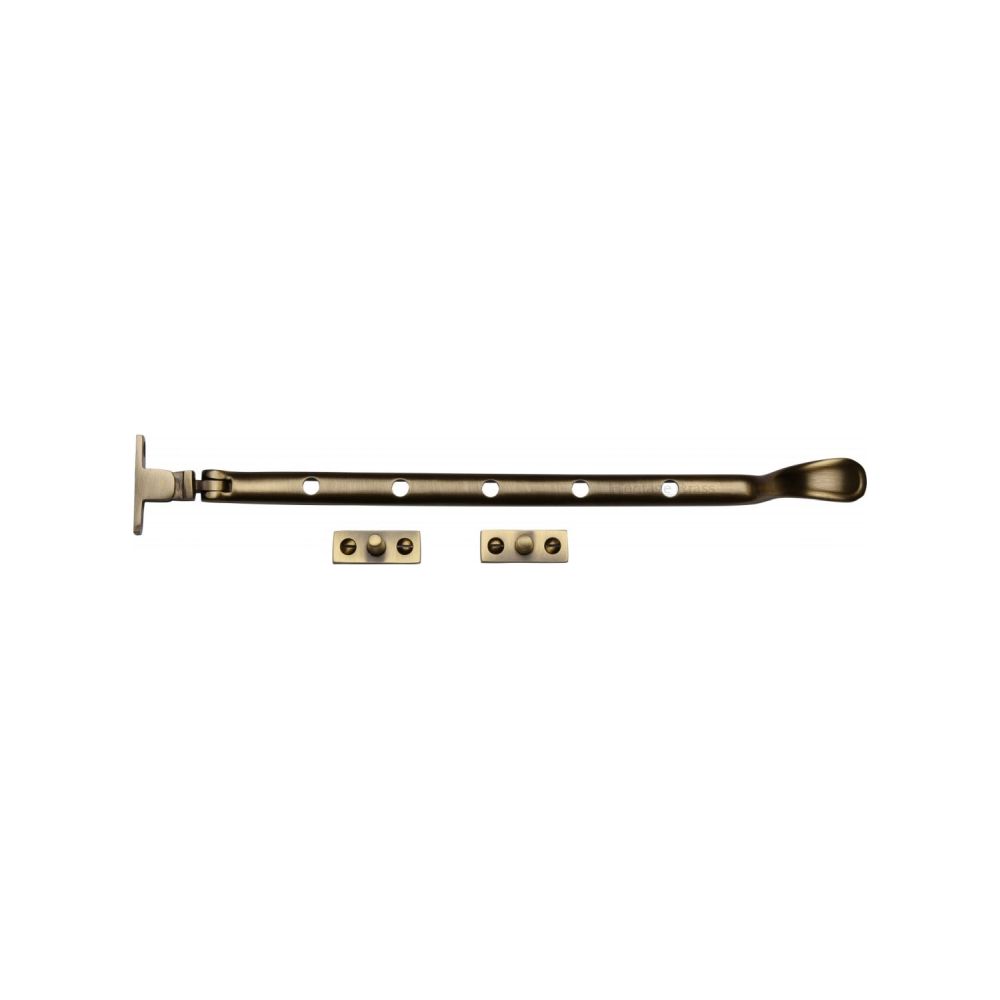 This is an image of a Heritage Brass - Casement Window Stay Spoon Pattern 12" Antique Brass Finish, v990-12-at that is available to order from T.H Wiggans Ironmongery in Kendal.