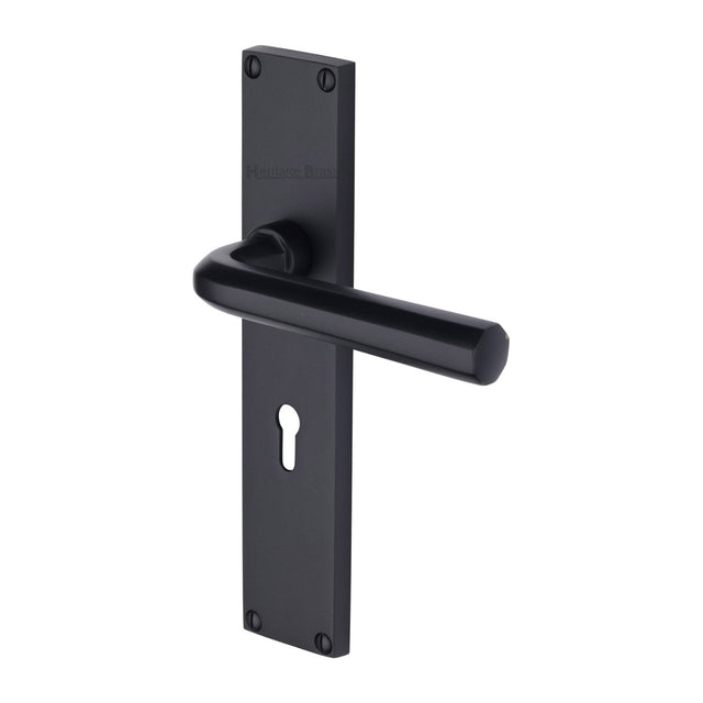 This is an image of a Heritage Brass - Octave Lever Lock Door Handle on 200mm Plate Matt Black finish, vt5900-bkmt that is available to order from T.H Wiggans Ironmongery in Kendal.