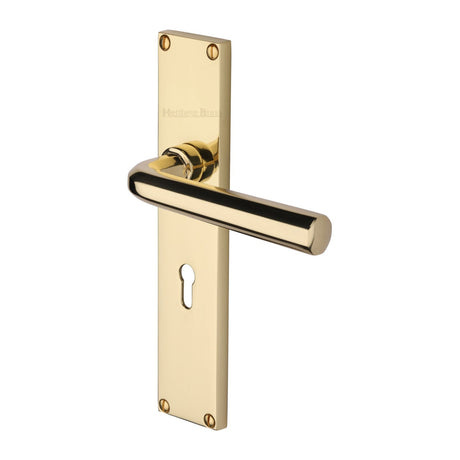 This is an image of a Heritage Brass - Octave Lever Lock Door Handle on 200mm Plate Polished Brass finish, vt5900-pb that is available to order from T.H Wiggans Ironmongery in Kendal.