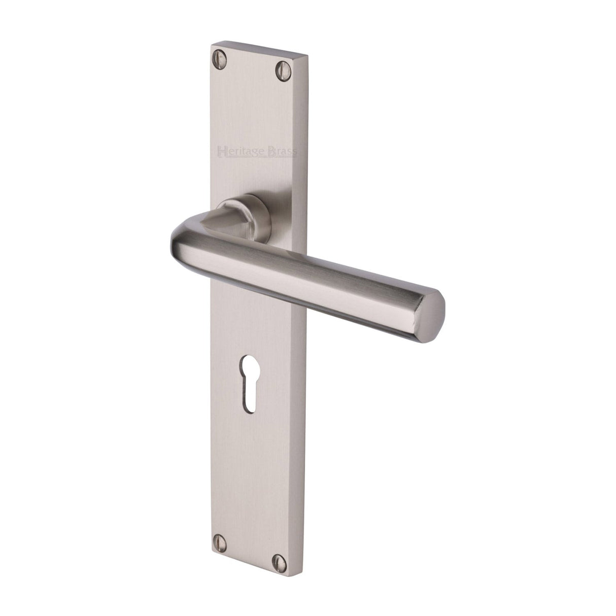 This is an image of a Heritage Brass - Octave Lever Lock Door Handle on 200mm Plate Satin Nickel finish, vt5900-sn that is available to order from T.H Wiggans Ironmongery in Kendal.