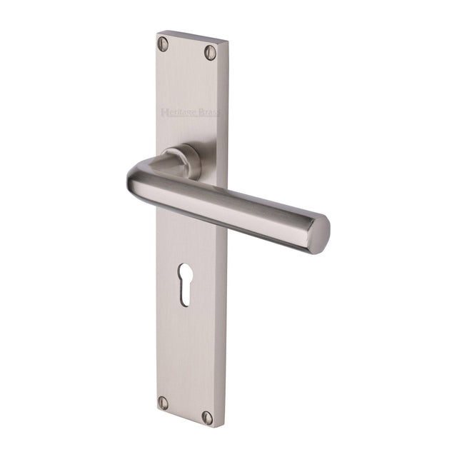 This is an image of a Heritage Brass - Octave Lever Lock Door Handle on 200mm Plate Satin Nickel finish, vt5900-sn that is available to order from T.H Wiggans Ironmongery in Kendal.