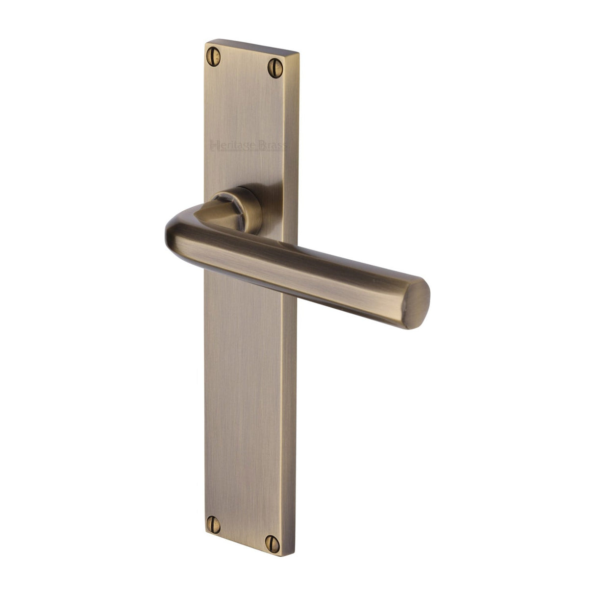 This is an image of a Heritage Brass - Octave Lever Latch Door Handle on 200mm Plate Antique Brass finish, vt5910-at that is available to order from T.H Wiggans Ironmongery in Kendal.