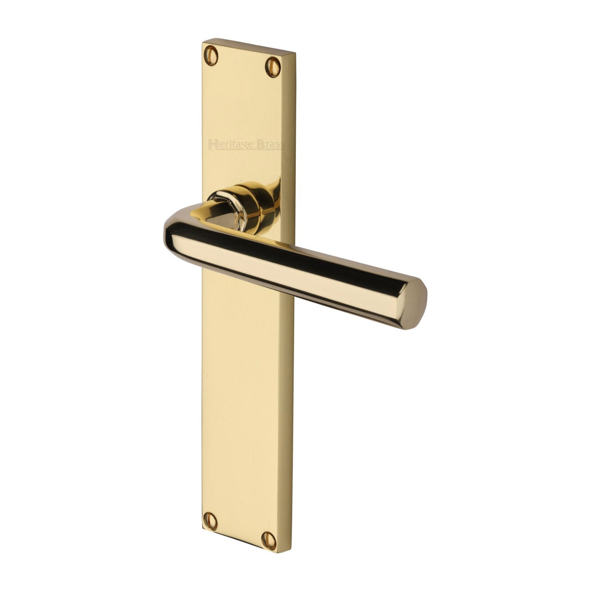 This is an image of a Heritage Brass - Octave Lever Latch Door Handle on 200mm Plate Polished Brass finish, vt5910-pb that is available to order from T.H Wiggans Ironmongery in Kendal.