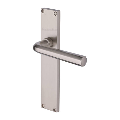 This is an image of a Heritage Brass - Octave Lever Latch Door Handle on 200mm Plate Satin Nickel finish, vt5910-sn that is available to order from T.H Wiggans Ironmongery in Kendal.