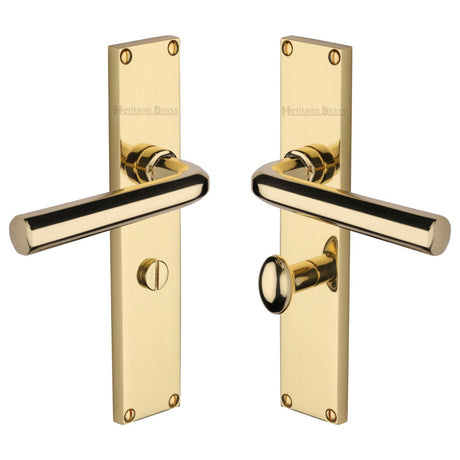 This is an image of a Heritage Brass - Octave Bathroom Set Door Handle on 200mm Plate Polished Brass finish, vt5930-pb that is available to order from T.H Wiggans Ironmongery in Kendal.