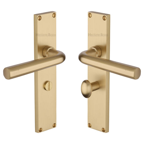 This is an image of a Heritage Brass - Octave Bathroom Set Door Handle on 200mm Plate Satin Brass finish, vt5930-sb that is available to order from T.H Wiggans Ironmongery in Kendal.