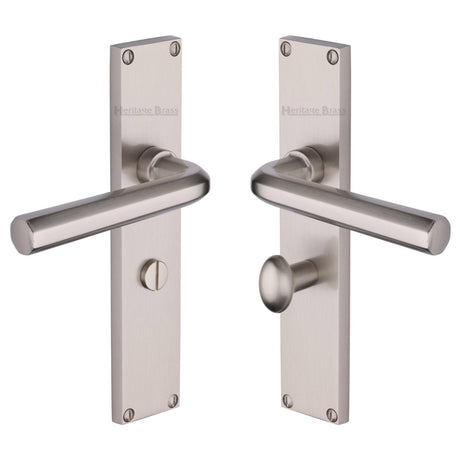 This is an image of a Heritage Brass - Octave Bathroom Set Door Handle on 200mm Plate Satin Nickel finish, vt5930-sn that is available to order from T.H Wiggans Ironmongery in Kendal.