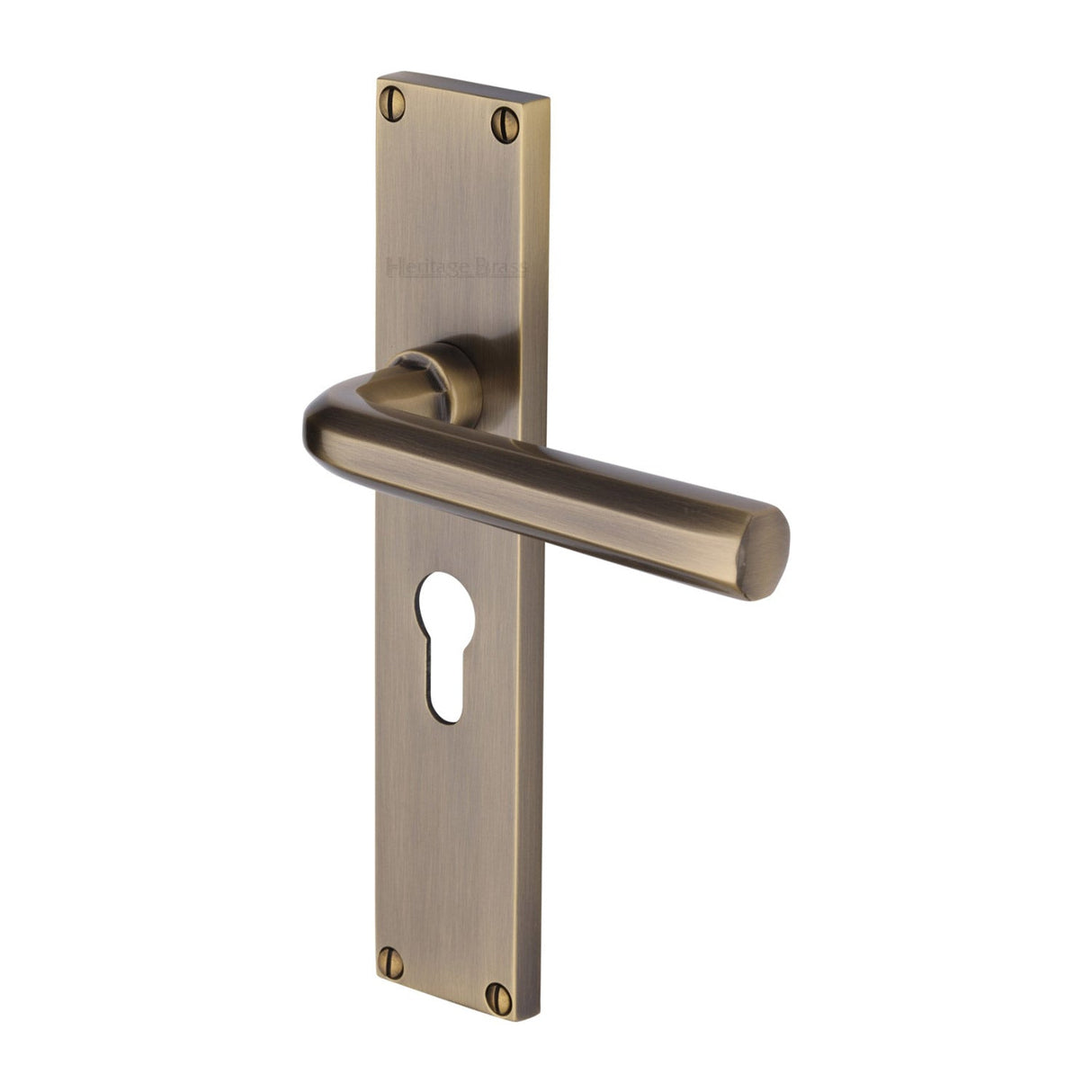 This is an image of a Heritage Brass - Octave Euro Profile Door Handle on 200mm Plate Antique Brass finish, vt5948-at that is available to order from T.H Wiggans Ironmongery in Kendal.