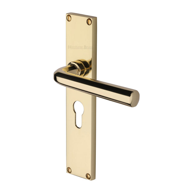 This is an image of a Heritage Brass - Octave Euro Profile Door Handle on 200mm Plate Polished Brass finish, vt5948-pb that is available to order from T.H Wiggans Ironmongery in Kendal.