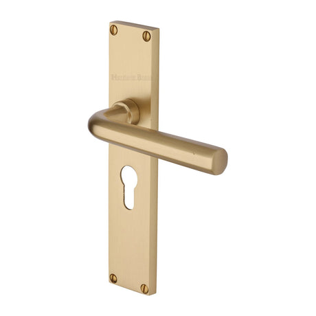 This is an image of a Heritage Brass - Octave Euro Profile Door Handle on 200mm Plate Satin Brass finish, vt5948-sb that is available to order from T.H Wiggans Ironmongery in Kendal.