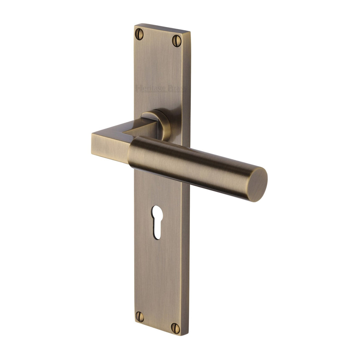 This is an image of a Heritage Brass - Bauhaus Lever Lock Door Handle on 200mm Plate Antique Brass finish, vt6300-at that is available to order from T.H Wiggans Ironmongery in Kendal.