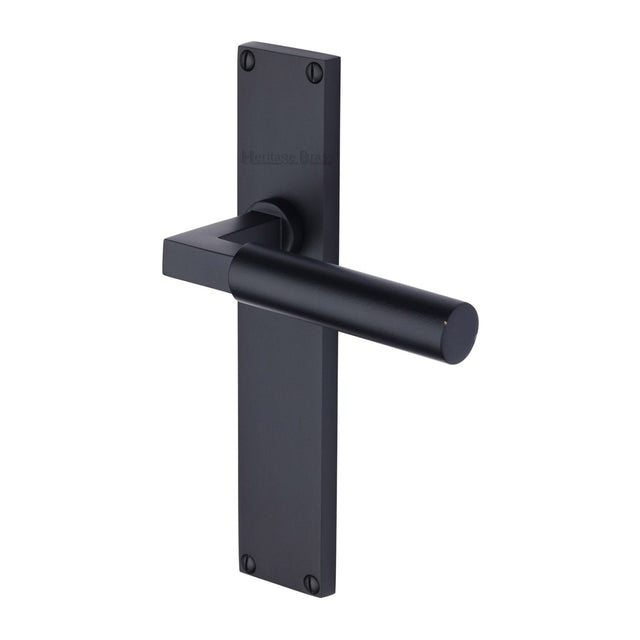 This is an image of a Heritage Brass - Bauhaus Lever Latch Door Handle on 200mm Plate Matt Black finish, vt6310-bkmt that is available to order from T.H Wiggans Ironmongery in Kendal.