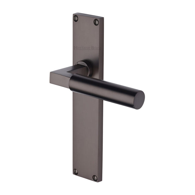 This is an image of a Heritage Brass - Bauhaus Lever Latch Door Handle on 200mm Plate Matt Bronze finish, vt6310-mb that is available to order from T.H Wiggans Ironmongery in Kendal.