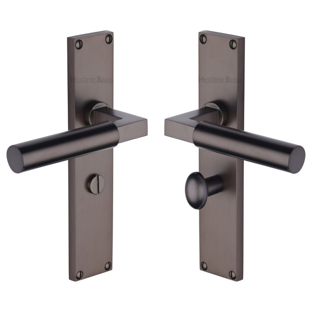 This is an image of a Heritage Brass - Bauhaus Bathroom Set Door Handle on 200mm Plate Matt Bronze finish, vt6330-mb that is available to order from T.H Wiggans Ironmongery in Kendal.