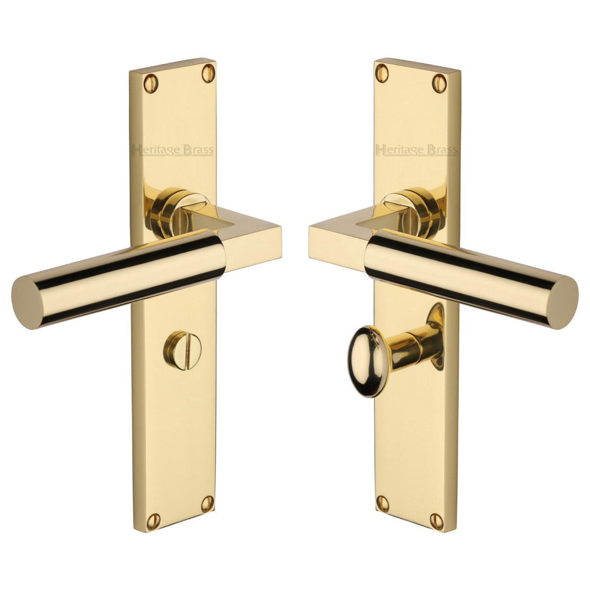 This is an image of a Heritage Brass - Bauhaus Bathroom Set Door Handle on 200mm Plate Polished Brass finish, vt6330-pb that is available to order from T.H Wiggans Ironmongery in Kendal.