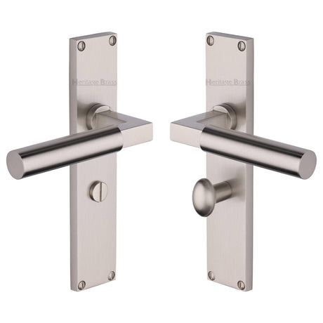 This is an image of a Heritage Brass - Bauhaus Bathroom Set Door Handle on 200mm Plate Satin Nickel finish, vt6330-sn that is available to order from T.H Wiggans Ironmongery in Kendal.