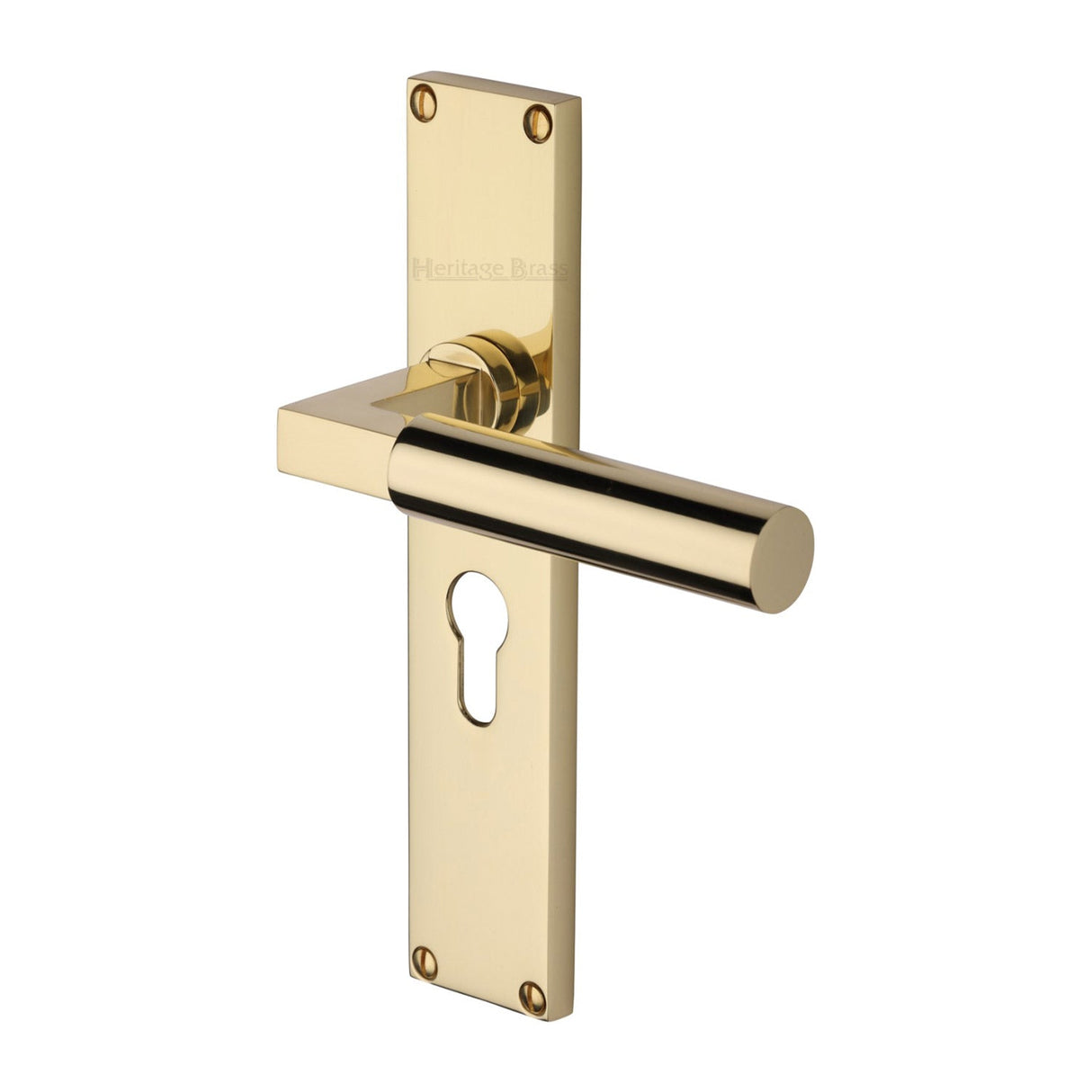 This is an image of a Heritage Brass - Bauhaus Euro Profile Door Handle on 200mm Plate Polished Brass finish, vt6348-pb that is available to order from T.H Wiggans Ironmongery in Kendal.